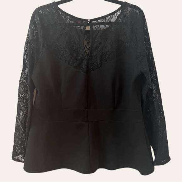 ADDITION ELLE - Black Long Sleeve Lace Peplum Blouse with Keyhole Neckline - Picture 5 of 13
